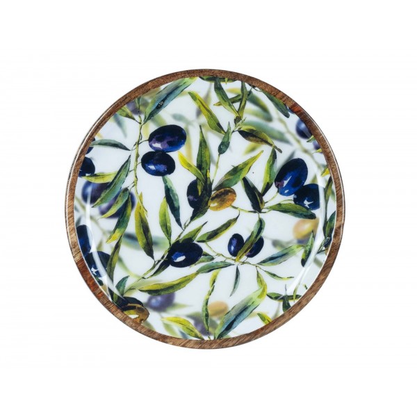 Plat-Assiette de service, Bois de Manguier et Thème Olives, Diamètre 30 cm