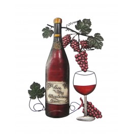 Déco murale Métal : Bouteille de Vin, Verre et Grappes de raisin, H 49 cm