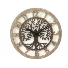 Horloge Métal ajouré et Bois Clair, Motif Arbre de Vie, Diamètre 60 cm