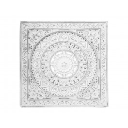 Déco Bois Blanc sculpté, Motifs Floral et Mandala Cérusé, H 40 cm