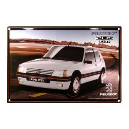 Plaque Métal bombée Relief : La Peugeot 205 GTI Blanche, L 20 x 30 cm