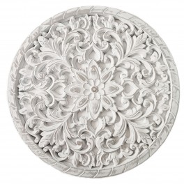 Déco murale en Bois Blanc sculpté, Motif Floral et Mandala, H 40 cm