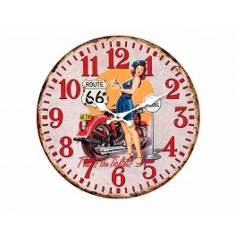 Horloge Bois MDF Vintage : Pin-up, Moto, Route 66, Diam 34 cm