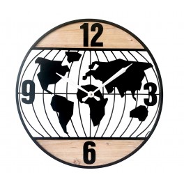 Horloge Industrielle, Structure Bois et Planisphère Métal, Diam 60 cm