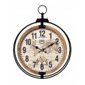 Horloge XL Gousset et Motif Planisphère, Tons Bois Naturel, H 90 cm