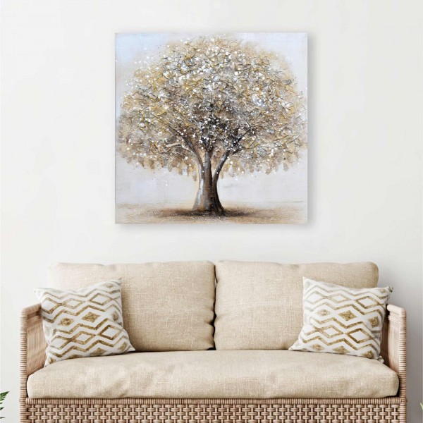 Tableau Arbre de vie, Effet Froissement, Marron et Doré, L 60 cm