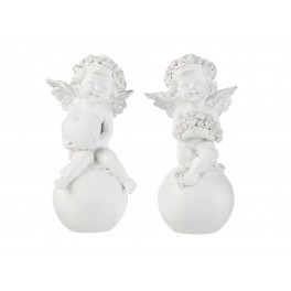 Set 2 grands Anges Cupidon sur Boules, Blanc, H 21 cm