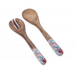 Set 2 Couverts de service en Bois de Manguier : Thème Corail, H 34 cm