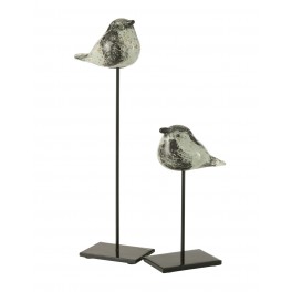 Set 2 Oiseaux en verre sur socle, Gris et Blanc, H 38 cm (Grand)