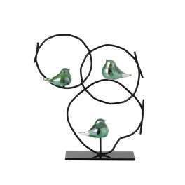 Sculpture 3 oiseaux en Verre sur socle et branches stylisées, H 38 cm