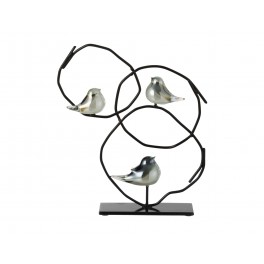 Sculpture 3 oiseaux en Verre sur socle et branches stylisées, H 36 cm