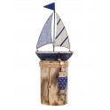 Décoration marine : Bois vieilli et Voilier et poisson bleu, H 30 cm