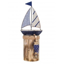 Décoration marine : Bois vieilli et Voilier et poisson bleu, H 30 cm