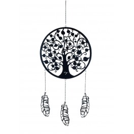 Suspension XL Arbre de vie Marron clair et Pompons orangés, H 105 cm