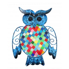 Hibou Mural Bleu, Métal et Verre multicolore, Modèle DAMAS, H 25 cm