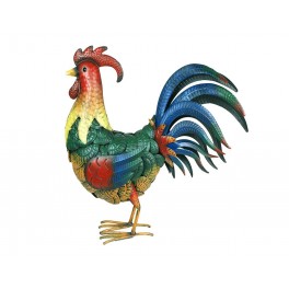 Le Coq en métal : Modèle multicolore au panache Bleu, H 45 cm