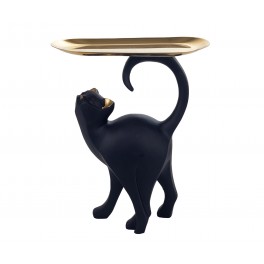 Statuette Chat Design Noir et Plateau Vide-Poche doré, H 28 cm