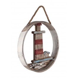 Déco Murale Bord de Mer : Phare Rouge et Cercle en Bois, Diam 30 cm