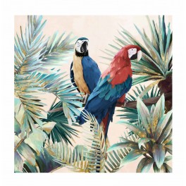 Tableau Peinture : Deux perroquets et Feuillage tropical, H 80 cm