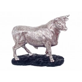 Taureau sur Socle en résine, Modèle Argent Edition limitée, L 23 cm