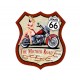 Déco Murale métal : Blason Route 66 et Moto, Rouge et Beige, H 35 cm