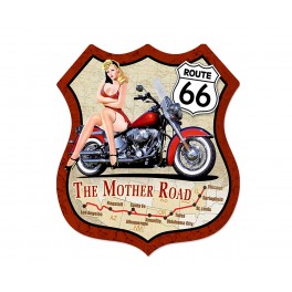 Déco Murale métal : Blason Route 66 et Moto, Rouge et Beige, H 35 cm