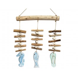 Déco murale Bord de mer : Mobile poisson, hippocampe et Tong, Bois flotté et Galets, H 45 cm