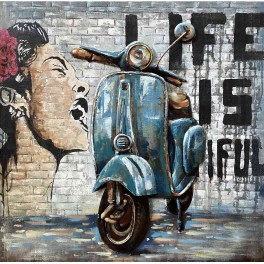 Tableau sur Bois & Métal 3D : Le Scooter Vespa, Bleu, H 100 cm