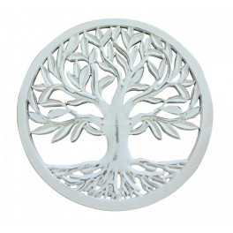 Décoration Murale Arbre de Vie en Bois sculpté, Blanc Vieilli, H 40 cm