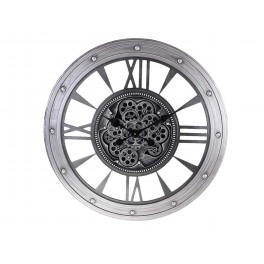 Horloge Indus Chiffres métal ajourés et Engrenages, Gris Argent, H 75 cm