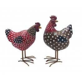 Set Poule et Coq en résine, Rouge et Marron, H 26 cm (Coq)