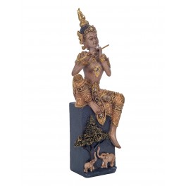 SIGNES GRIMALT Zen et Méditation : Bouddha Musicien Flutiste sur Socle, Collection KHANBURI, Hauteur 36 cm