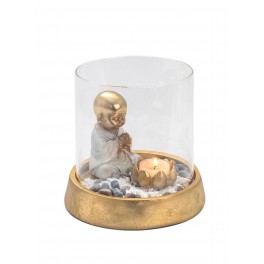 Bougeoir Cylindre en Vere et Figurine Bouddha Zen, Collection Lotus Blanc, Hauteur 18 cm