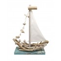 Décoration Marine : Bateau en Bois flotté sur Socle, Collection Nautique Hauteur 50 cm