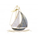 Voilier et Mouette sur océan stylisé, Gris bleuté et Doré, H 39 cm