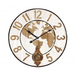 Horloge Blanche et Marron, Modèle Cartographie & Balancier, Bois MDF, H 58 cm