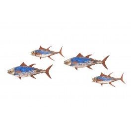 ORIGEN Déco murale Marine : Set 4 Thons 2 tailles, Bleu et Marron, Bois MDF et Effet vieilli décapé L 50 et 30 cm