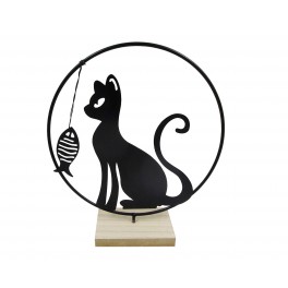 Silhouette Chat et Poisson dans un cercle en métal, hauteur 28 cm