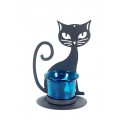 Le Bougeoir Chat, Structure Métal & Verrine, Bleu, Hauteur 14 cm