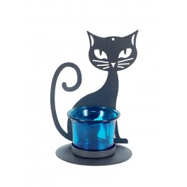 Le Bougeoir Chat, Structure Métal & Verrine, Bleu, Hauteur 14 cm