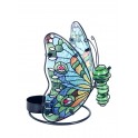 Photophore Papillon Vert, Métal et Verre, Effet Vitrail, H 12,5 cm