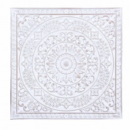 Déco murale Bois Blanc sculpté, Mandala Floral et Céruse, H 50 cm