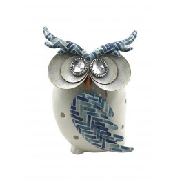 Photophore Hibou, Blanc et Bleu, Métal & Céramique, H 19 cm