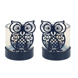 Set 2 Bougeoirs, Mod Chouette, Métal et Verre, H 10,5 cm
