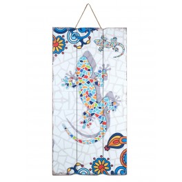 G&S Plaque Bois Vintage : Gecko Effet Mosaïques, H 60 cm