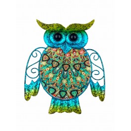 Grand Hibou mural Vert et Bleu, Métal et Verre, Modèle EXOTIK, H 24 cm