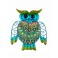 Grand Hibou mural Vert et Bleu, Métal et Verre, Modèle EXOTIK, H 24 cm