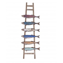 Déco Murale en Bois recyclé : Echelle & Poissons, Sardines colorées, Hauteur 70 cm