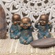 Set 3 Figurines Moines Bouddha de la Sagesse, Cuivrés et Bleus, H 21 cm
