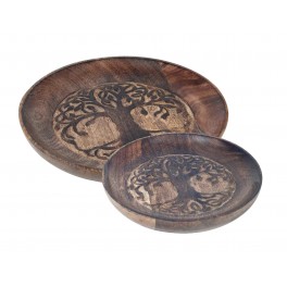 G&S Set 2 Plateaux Ronds en Manguier, Motif Arbre de Vie Sculpté, Diam 22 cm (Grand)